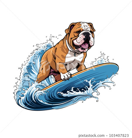 Cartoon drawing of a funny dog riding a surfboard on the waves. For your design 103407823
