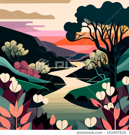 Evening landscape with a river flowing among the hills with trees and beautiful flowers against the sunset sky. For your design 103407828