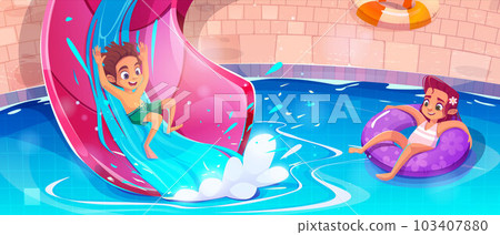 Boy on water slide and girl play in pool aqua park 103407880