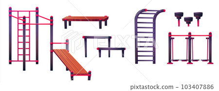 Outdoor street gym in park with fitness equipment 103407886