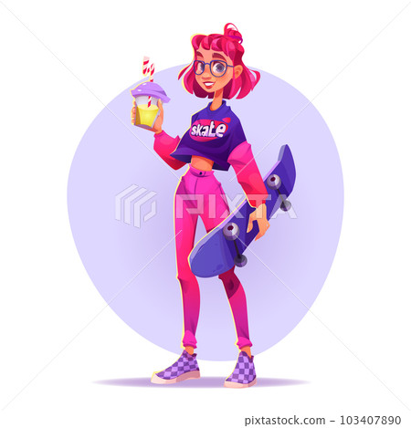 Hipster girl stand character with smoothy, skate 103407890