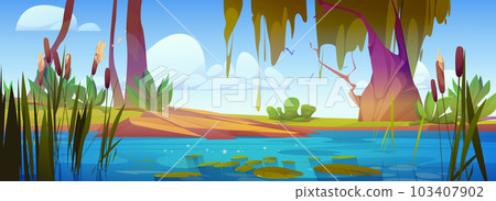 Lake in forest with reed and cattail landscape Lake in forest with reed and cattail landscape 103407902