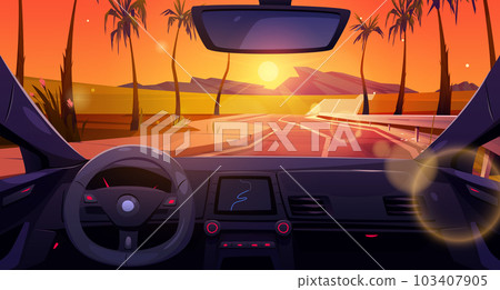 Sunset road with inside car dashboard view vector Sunset road with inside car dashboard view vector 103407905
