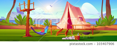 Camp tent near forest pond, sea cost background Camp tent near forest pond, sea cost background 103407906