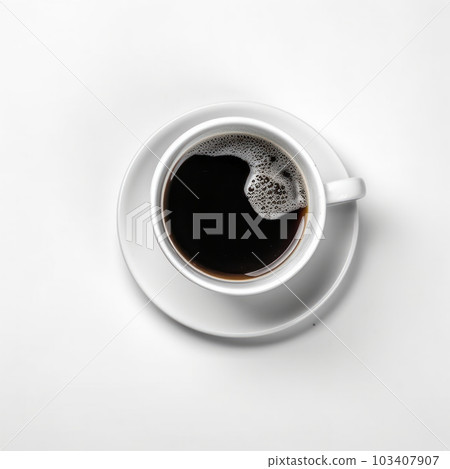 Top view of a steaming cup of black coffee on a white saucer, isolated on a white background. AI Generative. Top view of a steaming cup of black coffee on a white saucer, isolated on a white background. AI Generative. 103407907