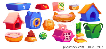 Cartoon set of pet shop goods isolated on white 103407914
