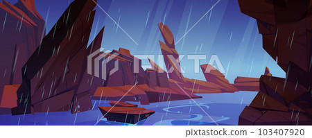 Heavy rain pouring over rocky canyon river 103407920