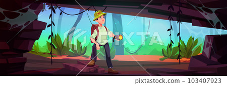 Man backpacker explore jungle forest cave vector Man backpacker explore jungle forest cave vector 103407923