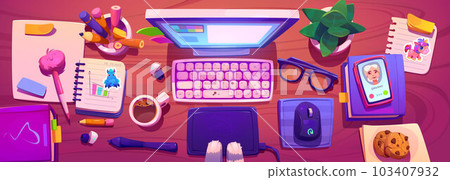 Study work desk top view with computer and mouse 103407932