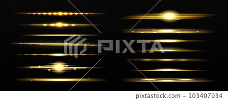 Realistic set of golden light lines on transparent 103407934