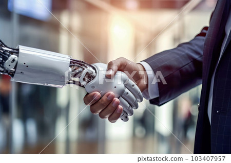 AI robot and human handshake AI robot and human handshake 103407957