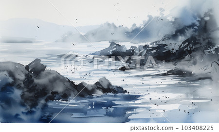 海水墨畫風格插畫AI圖像 103408225