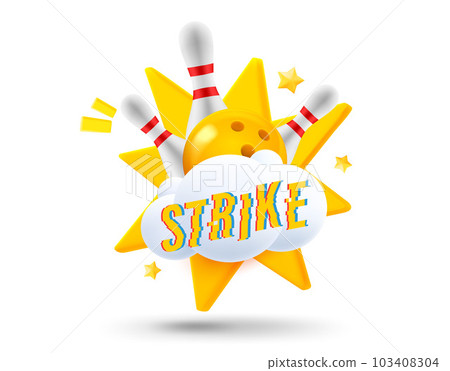 Cloud with bowling skittles and explosion effect. 3d vector illustration. Strike concept 103408304