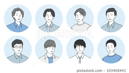 負面面部表情男性圖標頭像設置憤怒、困擾、悲傷、不滿、擔心 103408441