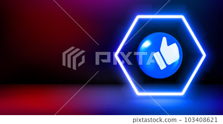 Product showcase and shining neon frame with thumbs up sign. 3d vector banner with copy space 103408621