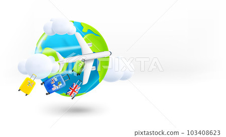 The Earth with modern aircraft. Lost baggage concept. 3d vector banner with copy space 103408623