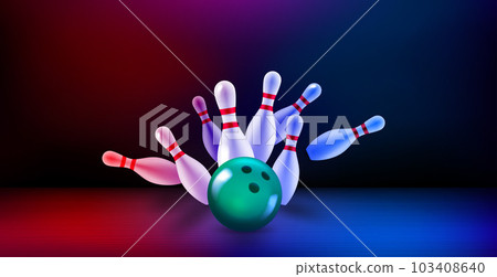 Billiard skittles and the ball on bowling valley. 3d vector illustration. Strike concept 103408640