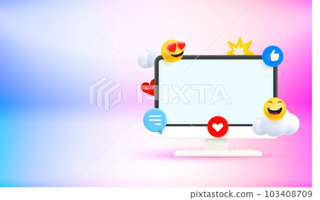 Computer monitor with social media elements and blank screen. 3d vector banner with copy space 103408709
