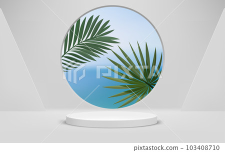 White interior with podium and circle window with landscape and leaves. Eco friendly product showcase template. 3d vector background 103408710