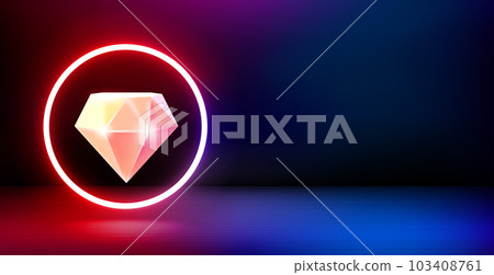Product showcase and shining neon frame with diamond. 3d vector banner with copy space Product showcase and shining neon frame with diamond. 3d vector banner with copy space 103408761