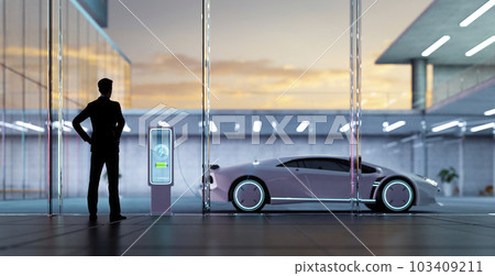 3d Conceptual image of young businessman looking at electric supercar outside frome office 3d Conceptual image of young businessman looking at electric supercar outside frome office 103409211