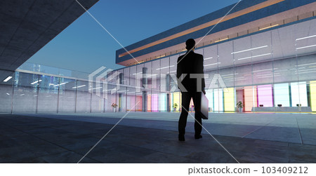 3d Businessman walking into modern company with colorful wall decoration 3d Businessman walking into modern company with colorful wall decoration 103409212