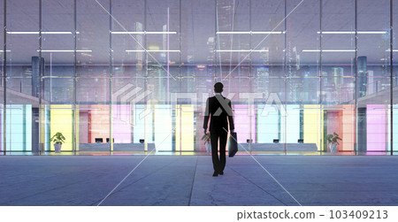 3d Businessman walking into modern company with colorful wall decoration 3d Businessman walking into modern company with colorful wall decoration 103409213