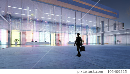 3d Businessman walking into modern company with colorful wall decoration 3d Businessman walking into modern company with colorful wall decoration 103409215