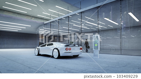 3d Businessman parked car charging outside office 103409229