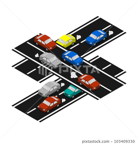 Isometric passenger cars high angle view on asphalt highway. Passenger transportation and small cargo delivery. Realistic 3D vector isolated on white background 103409330