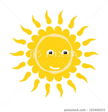 Stylized yellow summer sun funny character with happy face. Sun icon with different shapes of rays. Simple Vector isolated on white background 103409331