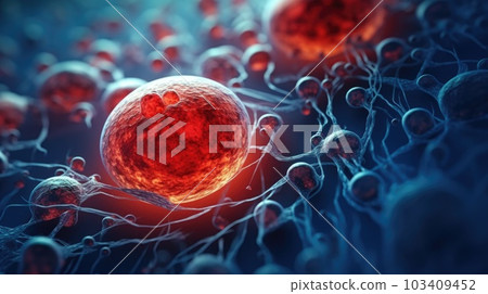 Microscope of Red embryo cell. Stem cell research and treatment. Science and technology concept. Generative AI Microscope of Red embryo cell. Stem cell research and treatment. Science and technology concept. Generative AI 103409452