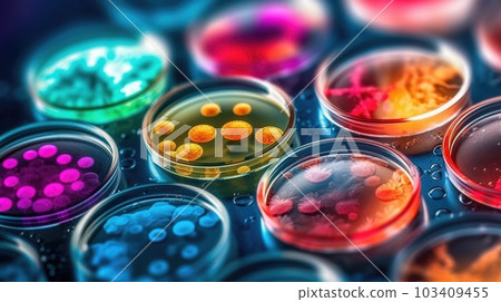 Multicolor bacteria and virus cells in petri dish at scientific laboratory. Mold culture PDA agar. Experimental for biochemistry, Biotechnology, Biology science laboratory. Generative AI 103409455