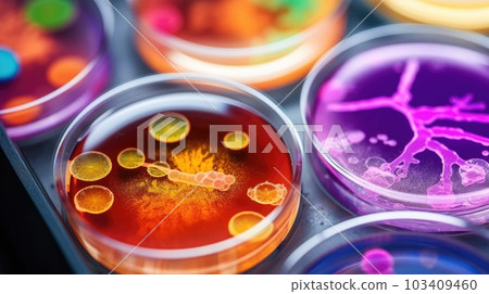 Multicolor bacteria and virus cells in petri dish at scientific laboratory. Mold culture PDA agar. Experimental for biochemistry, Biotechnology, Biology science laboratory. Generative AI Multicolor bacteria and virus cells in petri dish at scientific laboratory. Mold culture PDA agar. Experimental for biochemistry, Biotechnology, Biology science laboratory. Generative AI 103409460