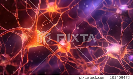 Neuron cells connect neurons with glowing link knots in the human brain. Brainstorm electricity brain cells. Generative AI. 103409473