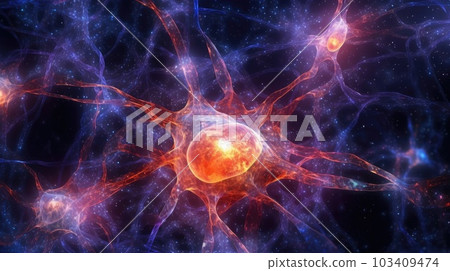 Neuron cells connect neurons with glowing link knots in the human brain. Brainstorm electricity brain cells. Generative AI. 103409474