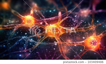 Neuron cells connect neurons with glowing link knots in the human brain. Brainstorm electricity brain cells. Generative AI. 103409486
