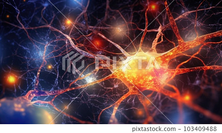 Neuron cells connect neurons with glowing link knots in the human brain. Brainstorm electricity brain cells. Generative AI. Neuron cells connect neurons with glowing link knots in the human brain. Brainstorm electricity brain cells. Generative AI. 103409488