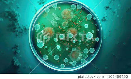 Green bacteria and virus cells in petri dish at scientific laboratory. Mold culture PDA agar. Experimental for biochemistry, Biotechnology, Biology science laboratory. Generative AI Green bacteria and virus cells in petri dish at scientific laboratory. Mold culture PDA agar. Experimental for biochemistry, Biotechnology, Biology science laboratory. Generative AI 103409490