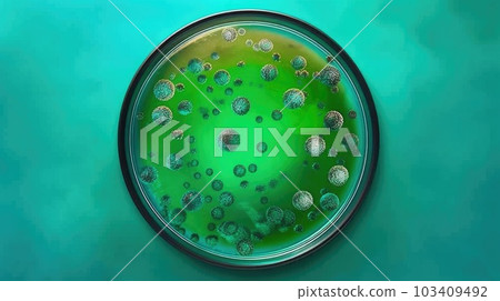 Green bacteria and virus cells in petri dish at scientific laboratory. Mold culture PDA agar. Experimental for biochemistry, Biotechnology, Biology science laboratory. Generative AI 103409492