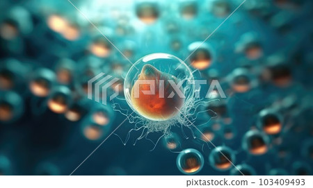 Microscope of Orange embryo cell. Stem cell research and treatment. Science and technology concept. Generative AI 103409493