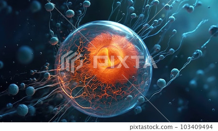 Microscope of Orange embryo cell. Stem cell research and treatment. Science and technology concept. Generative AI Microscope of Orange embryo cell. Stem cell research and treatment. Science and technology concept. Generative AI 103409494