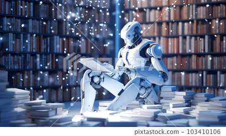 AI humannoid robot reading book in library. Artificial intelligence, Machine learning, Innovation, futuristic technology concept. Generative AI 103410106