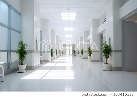 warm and cozy hospital corridor, interior of modern hospital, no people background, Generative AI 103410132