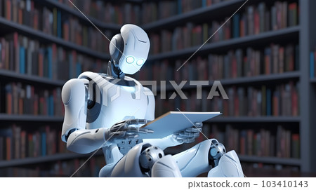 AI humannoid robot reading book in library. Artificial intelligence, Machine learning, Innovation, futuristic technology concept. Generative AI 103410143