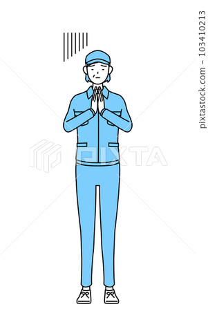 戴帽子、身著工作服、雙手放在身前道歉的高級女性（經理、經理、老闆） 103410213