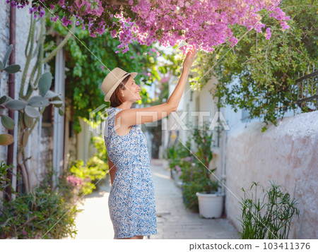 Blooming bougainvillea, streets of the old town of Bodrum, Turkey 103411376