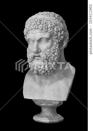 Ancient statue Heracles head isolated photo with clipping path. Plaster sculpture man face Ancient statue Heracles head isolated photo with clipping path. Plaster sculpture man face 103411903