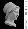 Ancient Greek goddess Athena Pallas statue. Marble woman head in helmet sculpture isolated photo with clipping path 103411910