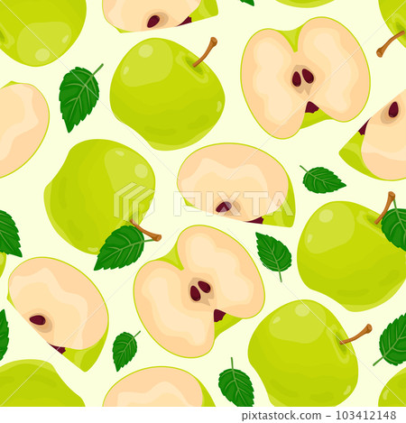 Seamless pattern of green apples and pieces, green leaves. Ripe berries. Fruit picking. Vector illustration in a flat style for menu design, recipes. 103412148